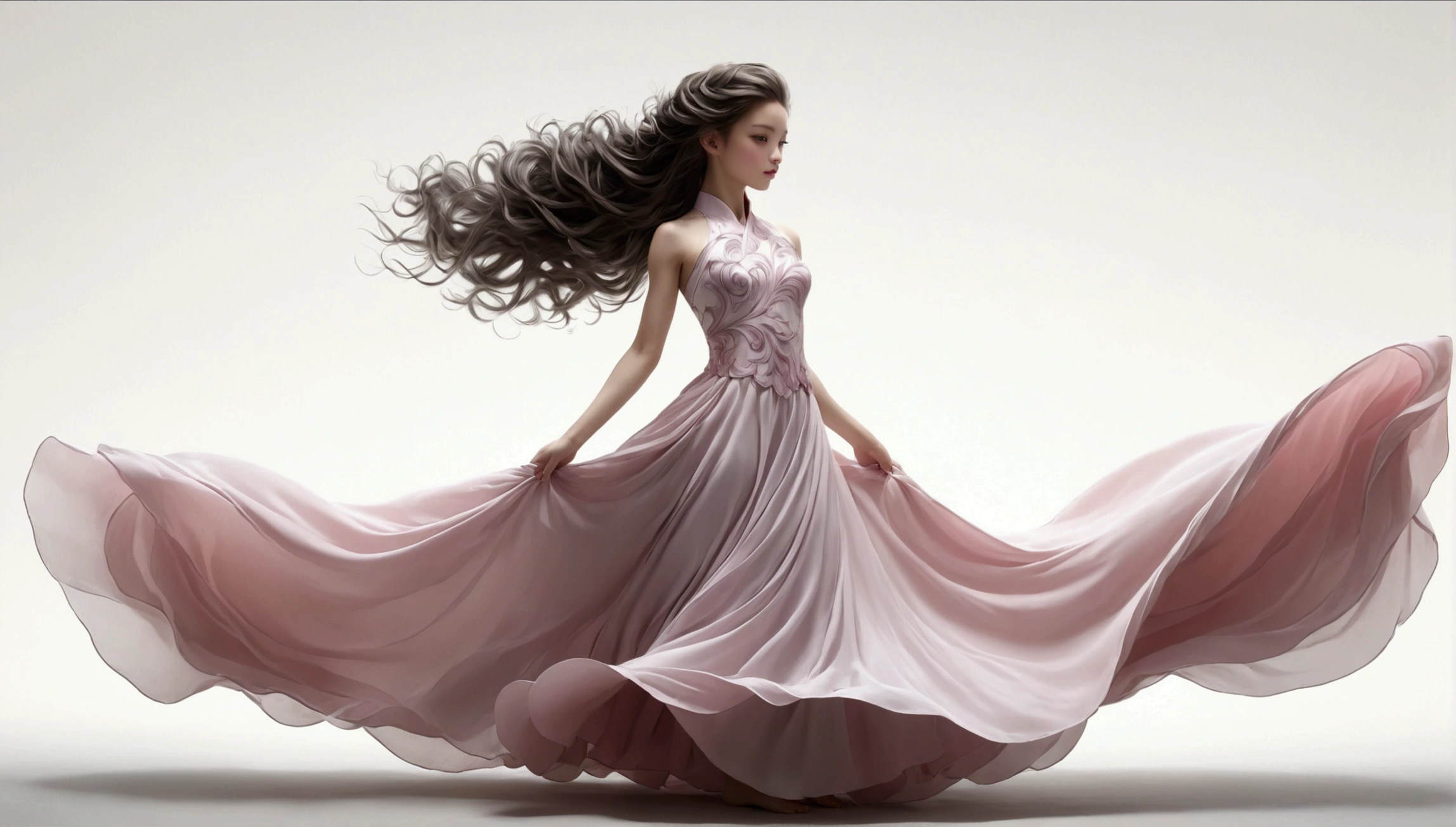 Dance photography;A dancer,Solitary;A in a gorgeous long dress,Princess dress,Chinese style skirt,pink,Conservative style,Smudged skirt hem;The movements of the dance;elegant,Flexible skirt;Long hair,Long hair披肩。Full body view,front; Simple style;Minimalism。White background,Pure white background;Panoramic photography;Depth of Field, Extraordinary details, masterpiece, high quality, 4K,cinematic lighting, motion blur, depth of field, sparkle, ray tracing, reflection light, anatomically correct, uhd, textured skin, best quality, super detail, highres, high details, accurate, high quality, award winning