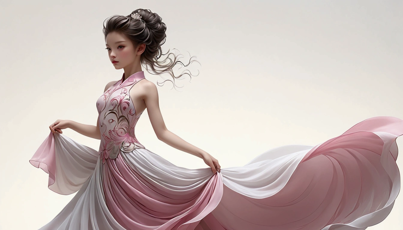 Dance photography;A dancer,Solitary;A little girl in a gorgeous long dress,Princess dress,Chinese style skirt,pink,Conservative style,Smudged skirt hem;The movements of the dance;elegant,Flexible skirt;Long hair,Long hair披肩。Full body view,front; Simple style;Minimalism。White background,Pure white background;Panoramic photography;Depth of Field, Extraordinary details, masterpiece, high quality, 4K,cinematic lighting, motion blur, depth of field, sparkle, ray tracing, reflection light, anatomically correct, uhd, textured skin, best quality, super detail, highres, high details, accurate, high quality, award winning