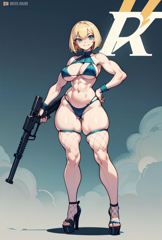 Young girl, Pullover, yellow bikini, mini bikini, whole body to see, disgusting face, angry, scream, ponytail hair , (( very wide hips)), (((colossal Thighs, gigantic thighs, very huge thighs, very big thighs))), fullbody, platform heels, tanned , brown skin, big breast, gun, soldier girl , leg garter, standing, front pose, blonde, black skin, ebony skin,