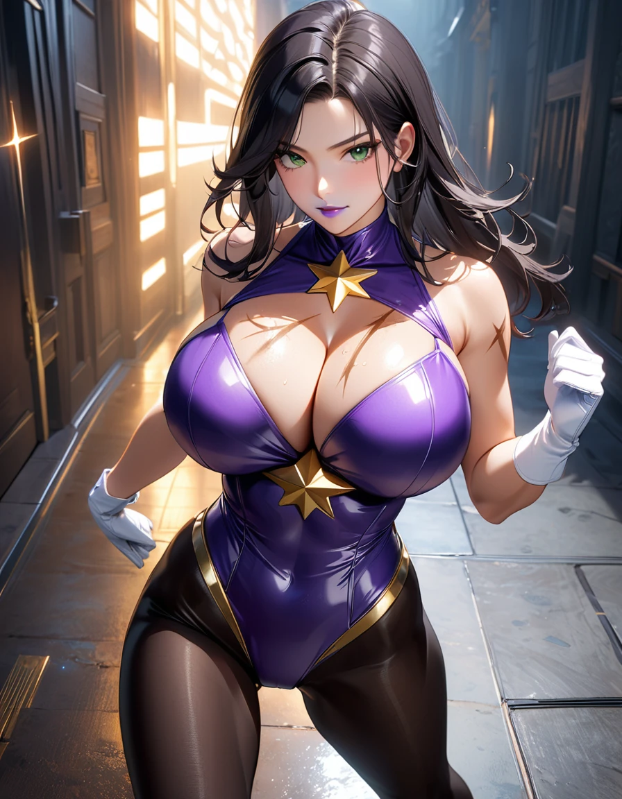 (masterpiece), (Highest quality), (High resolution), Big breasts,, ((leotard, black and purple, leotard, matching leotard, No sleeve, barefoot)),((High heels, Matching Boots,black tights, black tights)), ((gloves, white gloves)), Shadow, alone, alone focus, dynamicなファイティングポーズ, (whole body), Supervillain, ((Beautiful attention to detail)), ((Gold star symbol on chest)), (Black Hair, Long Hair,Green Eyes,Purple lips),(Perfect hands, Perfect Anatomy), villain, ((Beautiful attention to detail)), whole body costume design.Sweat,dynamic,dynamic,big breast,very big breast,During the game,Battle Scenes,Dark atmosphere,scar,Unreal Engine 5 Photorealistic Rendering, Game Characters, Role Player,Pretty face,Body Hyper Reality, Thick muscles, Moisturized and radiant body,hell,Combat pose