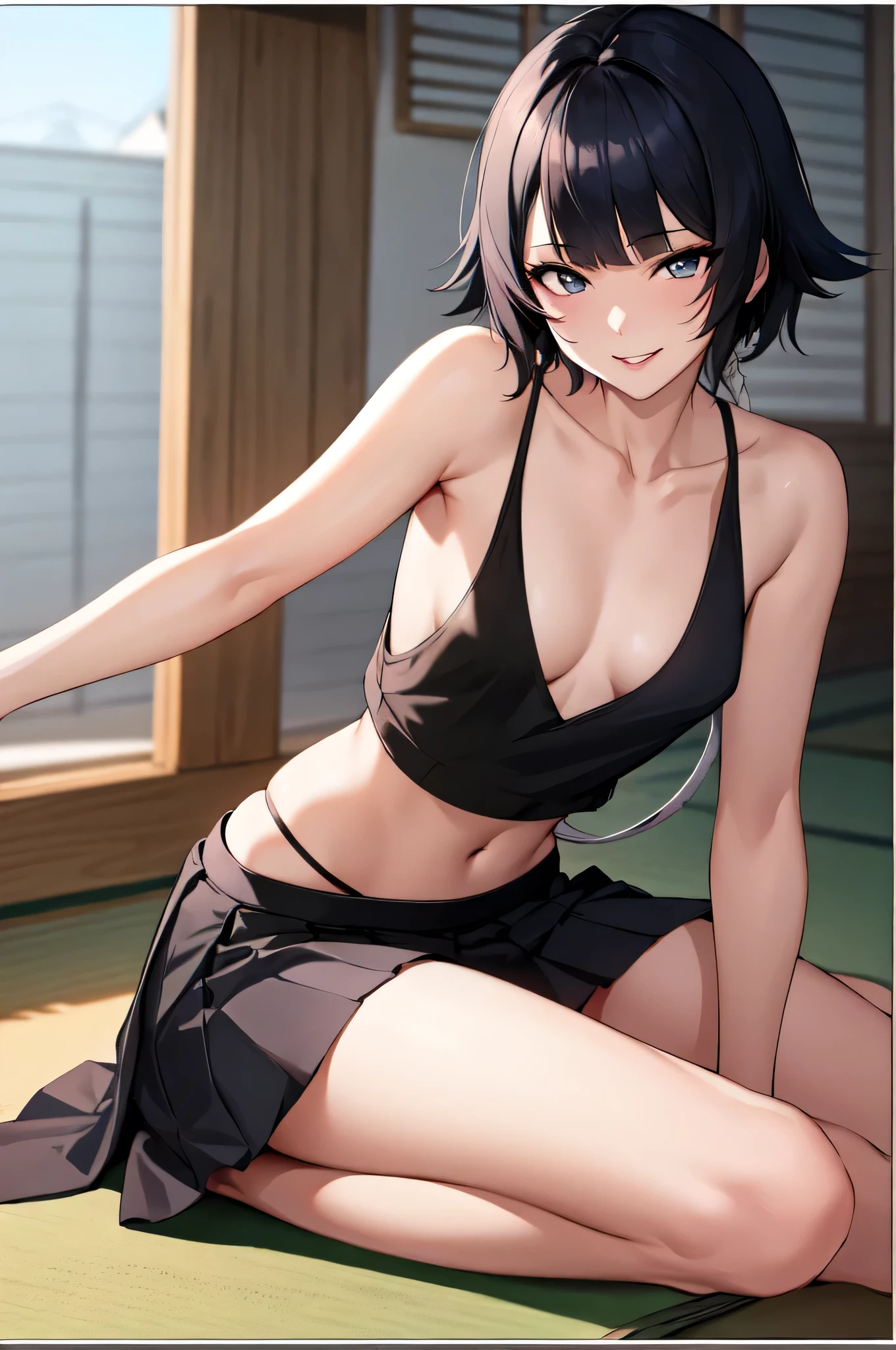 (masterpiece), (best quality), (beautiful eyes and face), (perfect female body), (shiny skin),
looking at viewer,
1girl, solo, sui-feng, black hair, short hair, short hair with long locks, grey eyes,
small breasts,
Shirt, crop top, sleeveless, skirt, mini skirt,
smile,
sitting, indian style,
tatami,
