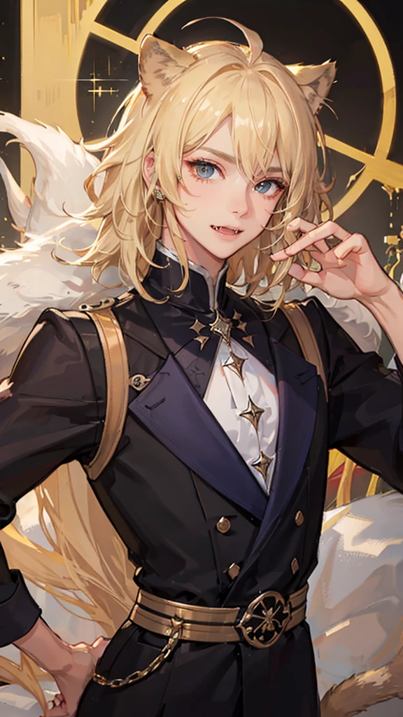 Dark tanned skin、Handsome Men、Cat ears and lion tail、Sparkling eyes、((Short, messy blonde hair))、Elaborate facial features、sly face、Bare your fangs、Rich in male hormones、sexy。