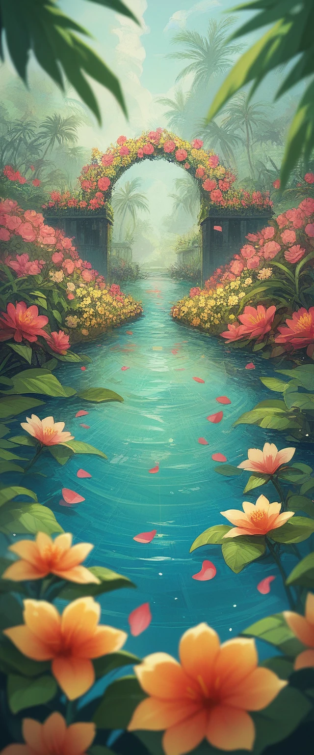 Imagine a vivid close-up, Unusual flowers, The petals spread out in vibrant colors like a kaleidoscope. Dewdrops on the surface reflect the surrounding environment, Make something small, The world reflected in each drop of water. The flowers stand out against a lush, blurry background, Tropical Garden. The scene is brought to life in a vibrant and dynamic digital art style., Inspired by the artistic vision of Luca Martel.