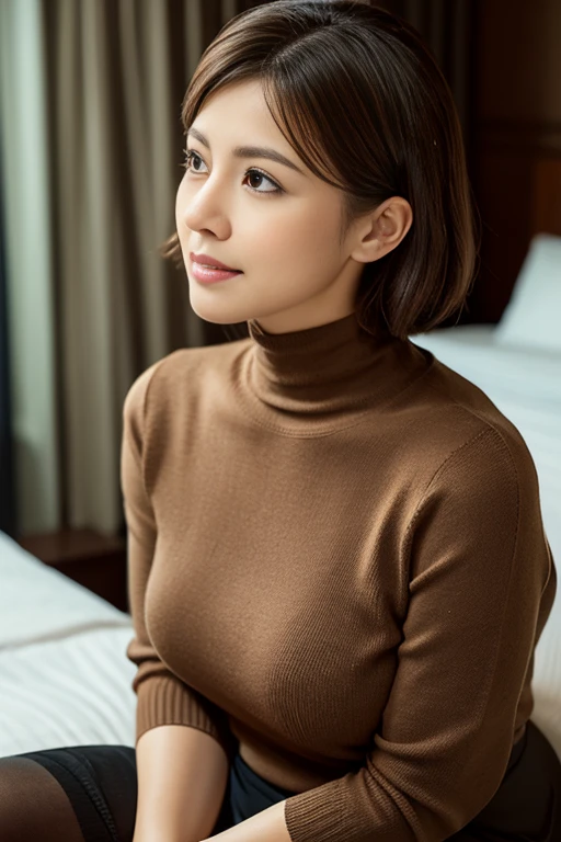 Photorealistic、Highest quality、 High resolution、8k、Surreal、Very delicate、Perfect dynamic composition、 Realistic skin feel、 One woman、whole body、Beautiful woman、 Beautiful attention to detail、 double eyelid、 Long eyelashes、Heavy makeup、 (sexy V-neck knit sweater、) Knee-high stockings、Big and ample breasts、Beautiful valley、 plump pelvis、Slim waist、 Adult Beauty、 (40代のsexyな女性)、 Classy atmosphere、 short hair、Brown Hair、sexyな表情、Gazing at the audience、 (Hotel Bedroom、 )Dark Room、Light stand light、