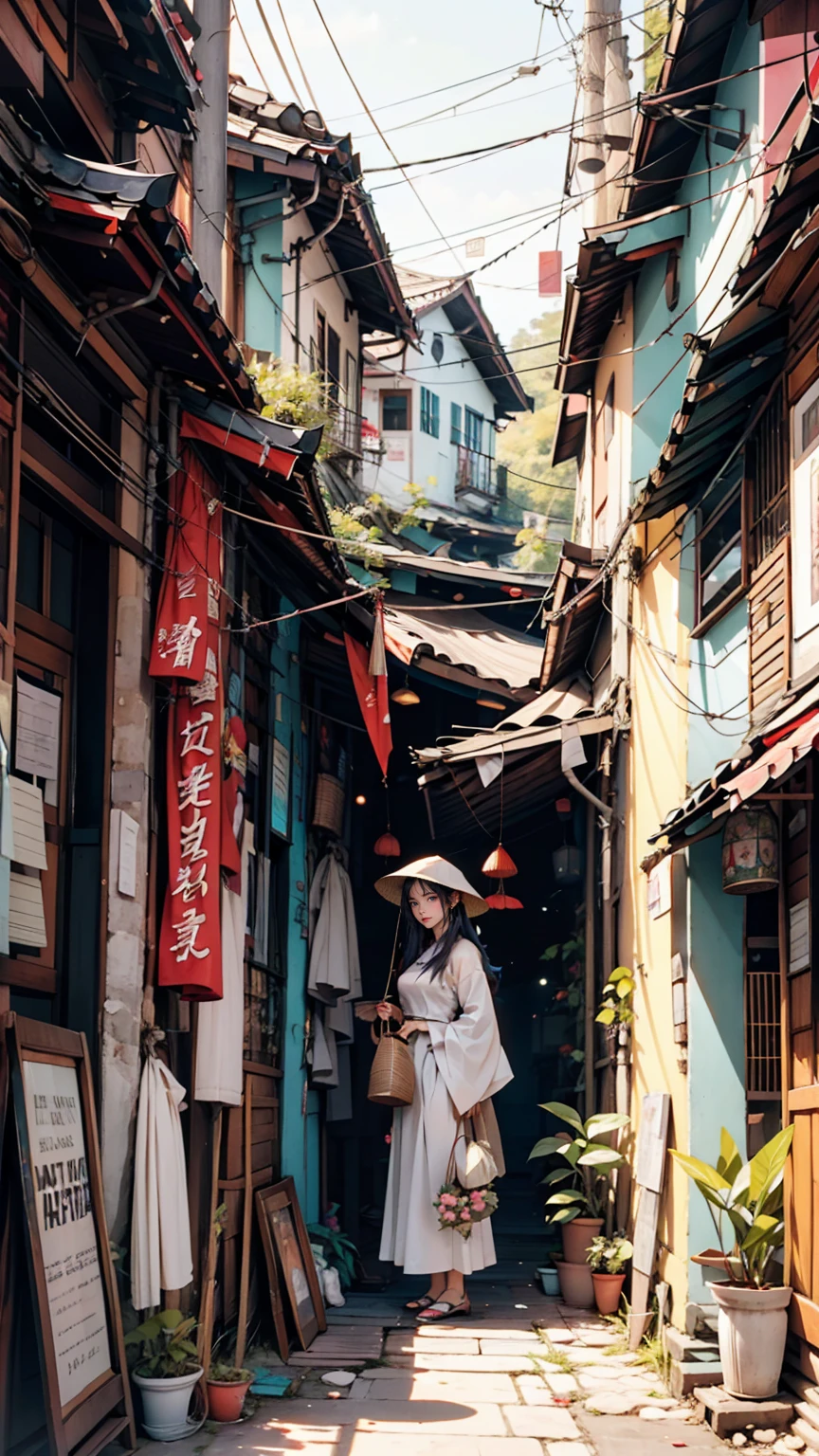 With Vietnam&#39;s Halong Bay in the background、A woman wearing a white ao dai is standing。Her hat is non la（Vietnamese traditional conical hat）in、A beautiful limestone island in the distance々が霧の中に浮かんinいる。