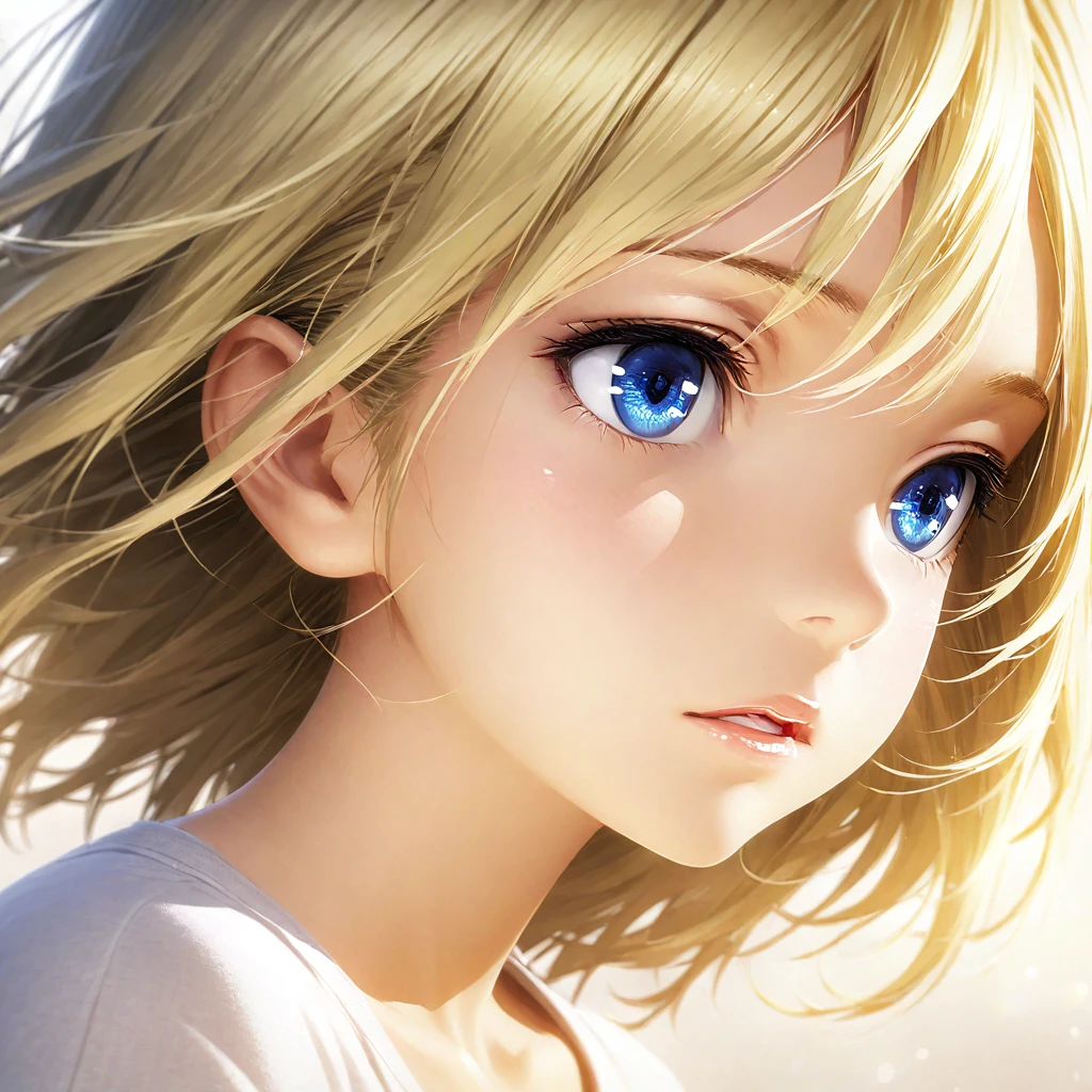 portrait, Practical, blue eyes, Blonde hair, Mid-chest, 4K resolution, High quality CG, Beautiful CG, Soft Light, Octane Rendering, white t-shirt, parted lips, close shot