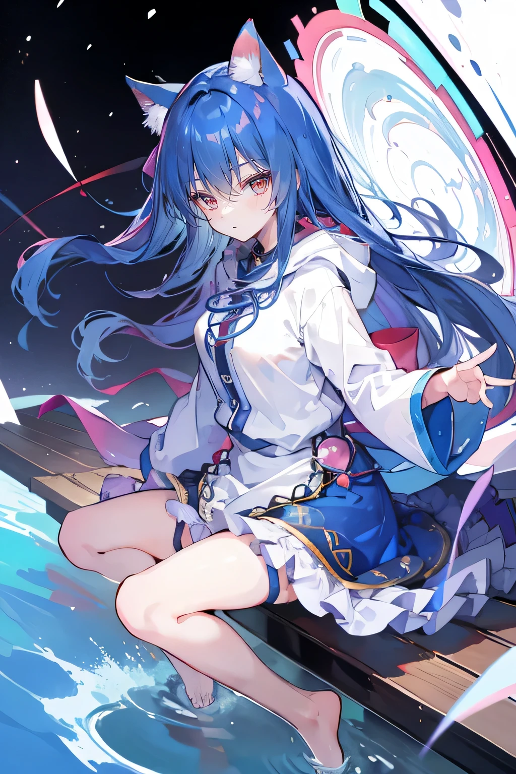 (masterpiece:1.2),Super detailed,lifelike,Expressive eyes,fair skin,perfect face shape,1 girl,
Japanese comics,Gorgeous blue hair,flowing blue hair,flowing clothes,Cat ears,Petals fall,beautiful lola,Baby Angel,
Shaking head with one hand,Cross your legs,Gentle and peaceful background,The pavilion is cool and comfortable,smile, wearing hoodie, background of tokyo,back views,snowing, winter,lie on the water.