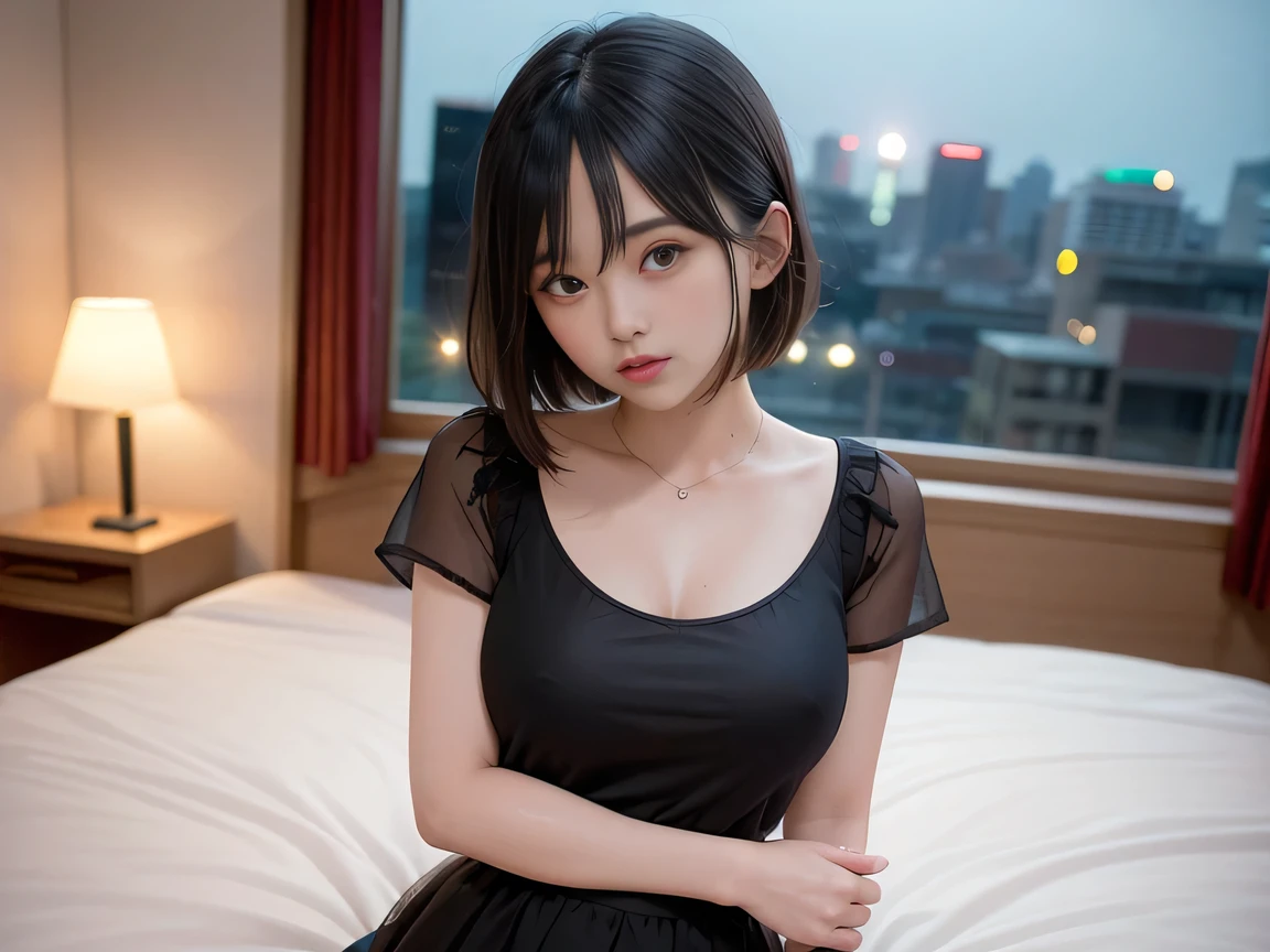 Highest quality, masterpiece, Ultra-high resolution, 8k, RAW Photos, Realistic, Anatomically correct:1.5), 20-year-old girl:1.2, Embarrassing, avert your eyes, blush:1.0, View Viewer, ((Hotel room at night)) 、(Dim lighting)、On the bed、Large windows、Night view、 Light:1.2, Bokeh, Cinema Lighting:1.0, sharp、 Cute Face、Idol、Short sleeve tulle top、Tulle skirt、(Black clothing)、”dwarf”、(Floral clothes)、(Full Body Shot)、Side angle、Cowboy Shot、y pose、 smile、((Ultra short hair、Berry Short))、(Straight bangs)、(( One Girl))、(Waist)、(I can see your thighs)、(Accurate depiction)、((Fuller lips)),Large Bre