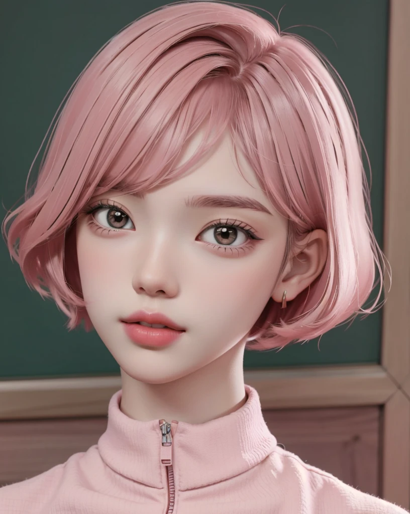 best qualtiy, 1boy, Solo exhibition, cartoon portrait of , the complex background, bob-cut hair, redish pink lips,Smart look
