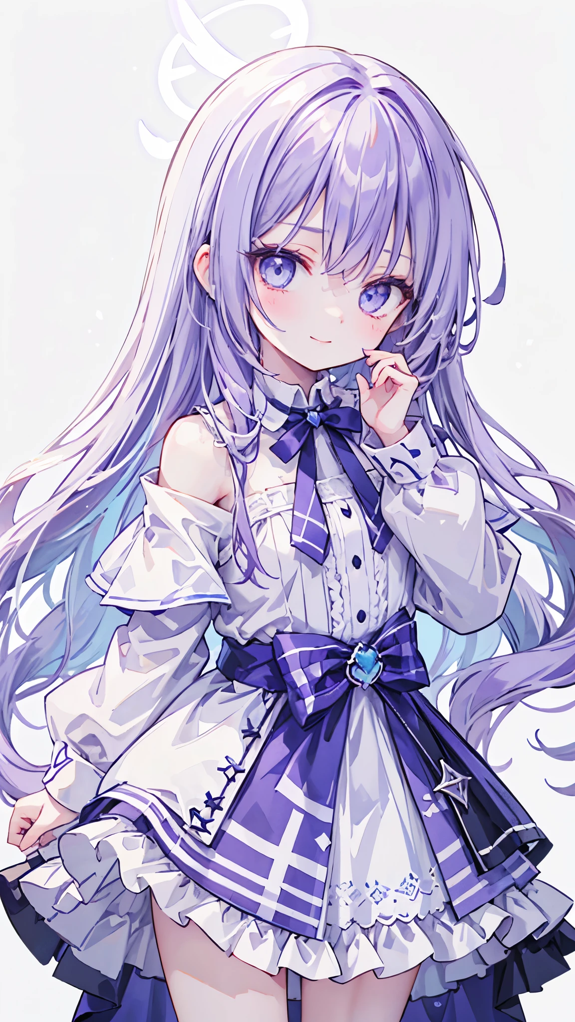 Highest quality,smile,woman,cute,Long Hair,Purple Hair,Light blue eyes,White off-the-shoulder tops,Checkered mini skirt,Light blue background,Touching your face with your hands,