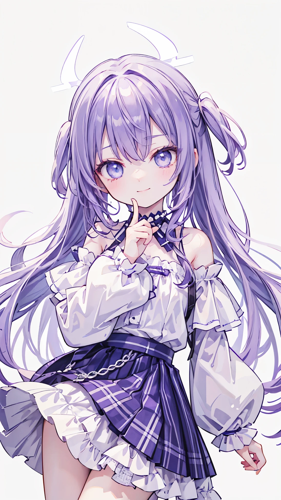 Highest quality,smile,woman,cute,Long Hair,Purple Hair,Light blue eyes,White off-the-shoulder tops,Checkered mini skirt,Light blue background,Touching your face with your hands,