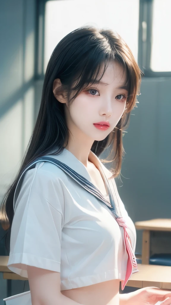 (8K, RAW photos, Reality:1.25) ,( Lip Gloss, eyelash, Glossy surface, Smooth skin, best quality, Ultra-high resolution, Depth of Field, Chromatic Aberration, Caustics, Broad lighting, Natural shade,Korean Idol) Looking at the audience with calm and goddess-like happiness, High school classroom, Sailor Suit, mini skirt，photograph，