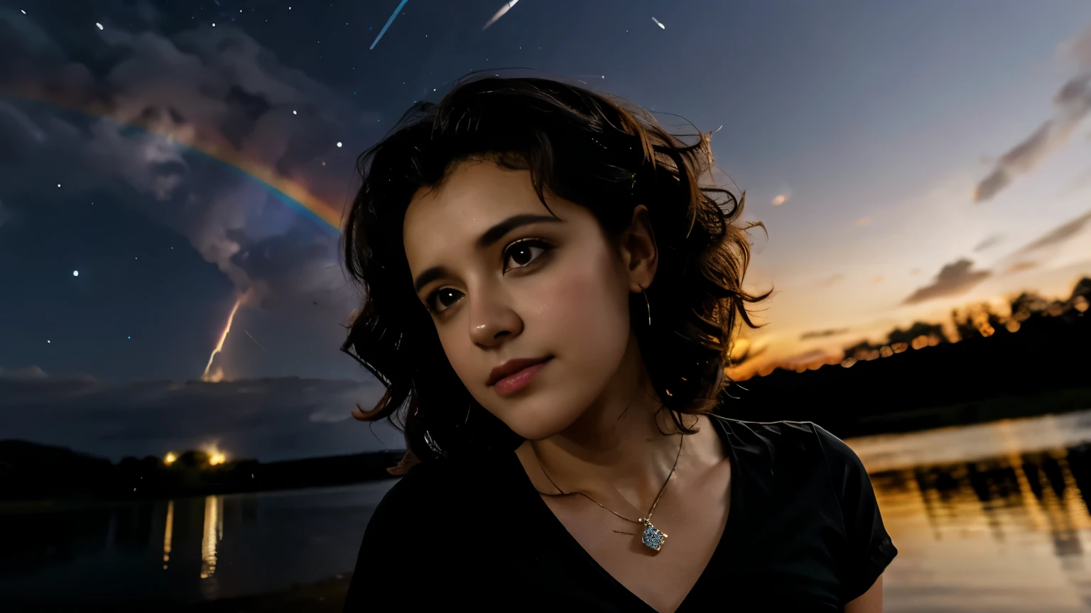 susy quatro, 25 years old, SHORT DRESS, FREE CURLY HAIR, NIGHT, hands behind the back, lake background, shooting star, watching the camera, closeup, close-up, iridescent clouds, sun on the horizon, BREAK fire rainbow, Circumhorizontal Arc, BREAK,