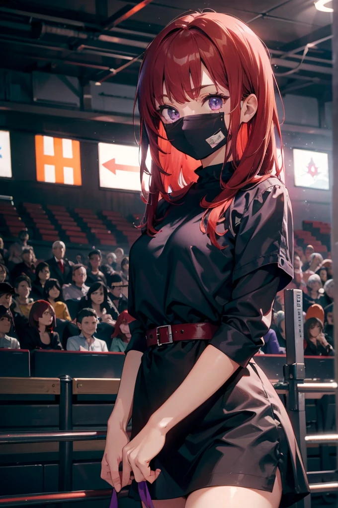 4K, 8K, masterpiece, Best quality, Upper part of the body, 1 girl, Looking at the audience, Red hair clothing, Medium Length Hair, Purple Eyes, Devil's Horns, Black clothes, indoors, Dark, The actress's age is 23, Open your bust,huge , Crazy breast swelling, Chest larger than shoulder blades, Big breasts and thin waist,(huge breasts:1.2),Hydrated skin((rogue))((非常huge乳房)),((Grooves reveal original skin))((Open your legs))