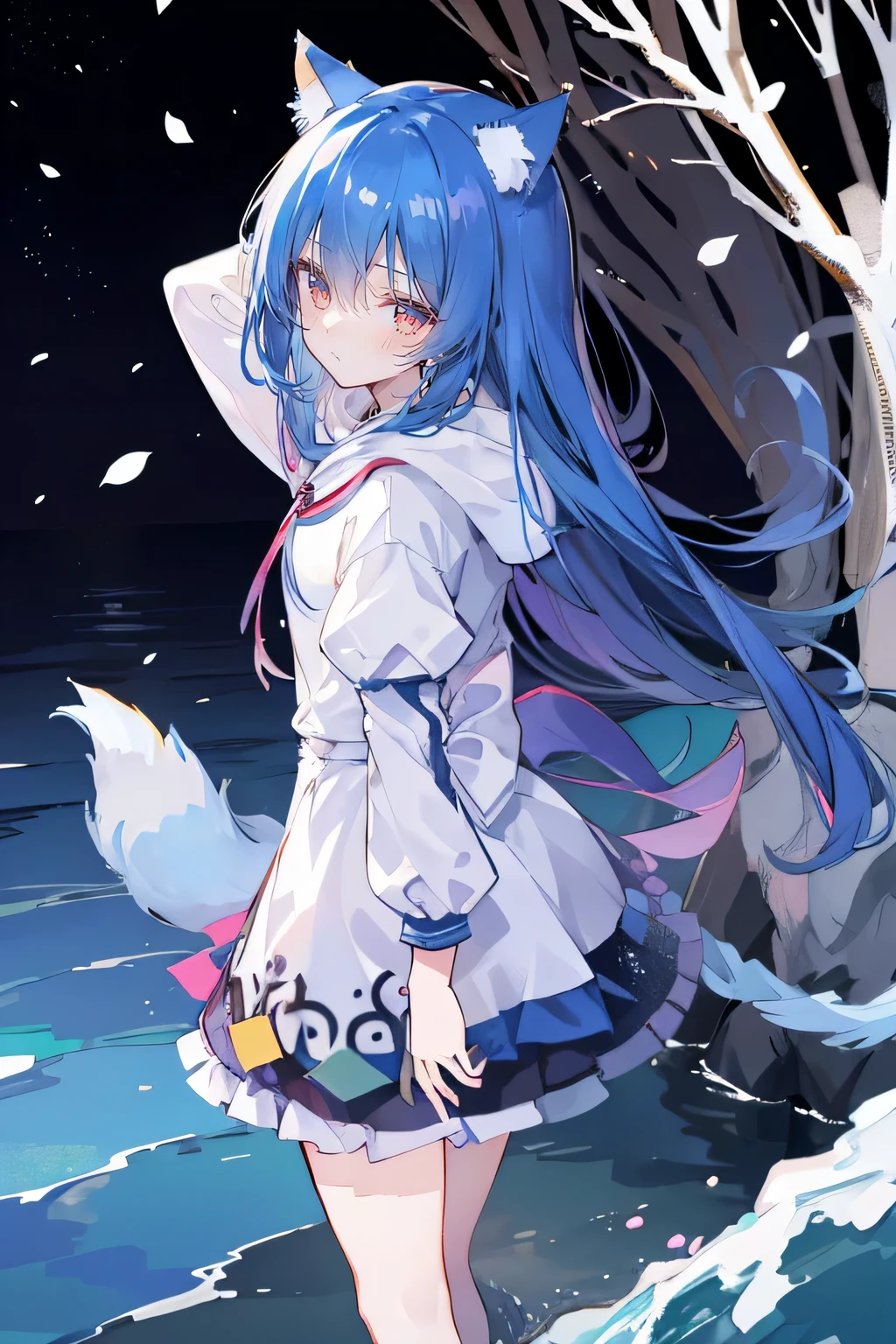 （masterpiece：1.2），Super detailed，lifelike，Expressive eyes，fair skin，perfect face shape，1 girl，
Japanese comics,Gorgeous blue hair,flowing blue hair,flowing clothes,Cat ears,Petals fall,beautiful lola,Baby Angel,
Shaking head with one hand，Cross your legs，Gentle and peaceful background，The pavilion is cool and comfortable,smile, wearing hoodie, background of tokyo,back views,snowing, winter,lie on the water. 