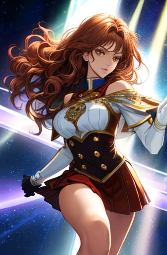 A swift woman (sexy stage outfit, lots of sparkles and sequins, gaudy jewelry) posing for glamour shots, bridge of 1950s star trek enterprise, crew watching her