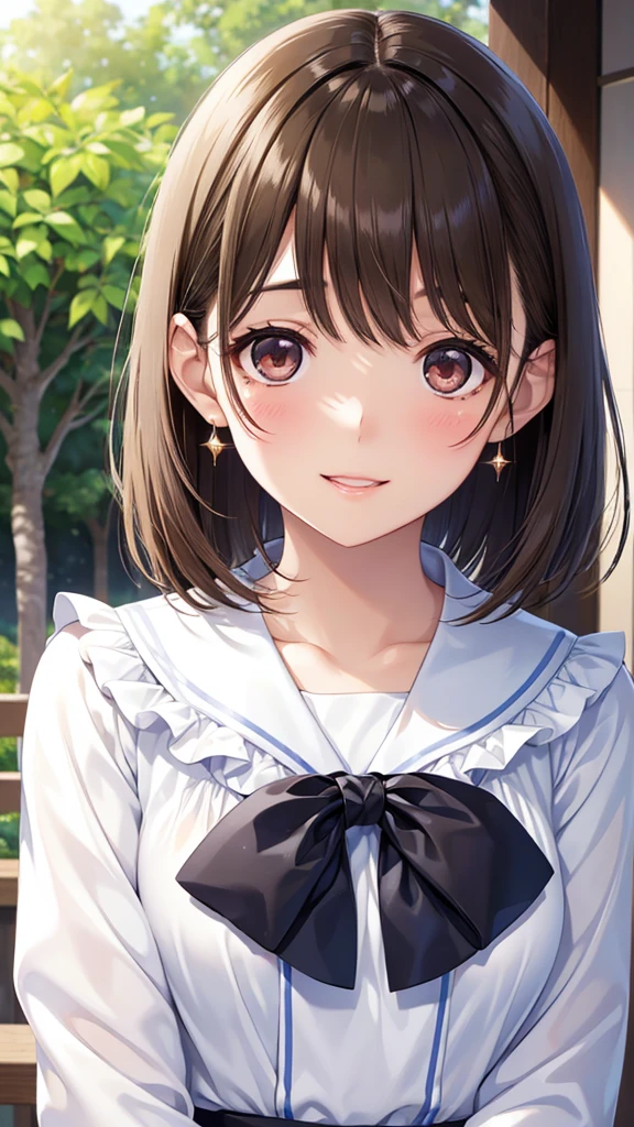 anegasaki nene、Shiny brown hair, short hair, (Beautiful brown eyes、Sparkling eyes, Fine grain)、smile、Ultra-detailed eyes、Highly detailed face, Highly detailed eyes,
(White ruffled blouse) and (Long sleeve), look up, Upper Body, Realistic, (Pale skin: 1.2), RAW Photos, Realistic, Portrait Photography, Glowing Skin, Japanese Idols、Shiny Hair、(25-year-old woman) , smile, Open your mouth, (blush:1.3), background