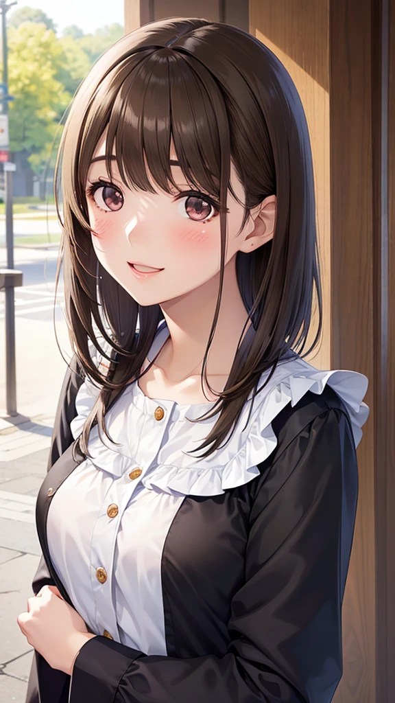 anegasaki nene、Shiny brown hair, short hair, (Beautiful brown eyes、Sparkling eyes, Fine grain)、smile、Ultra-detailed eyes、Highly detailed face, Highly detailed eyes,


(White ruffled blouse) and (Long sleeve), look up, Upper Body, Realistic,  (Pale skin: 1.2), RAW Photos, Realistic, Portrait Photography, Glowing Skin, Japanese Idols、Shiny Hair、(25-year-old woman)  , smile, Open your mouth, (blush:1.3), background