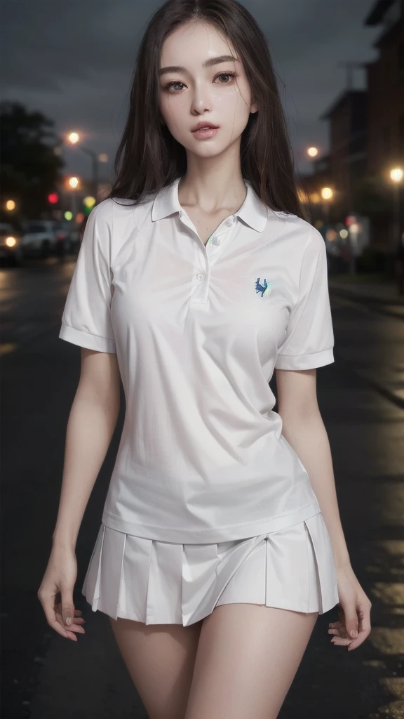 (Full Body Photo), 8k, FHD, ((Ultra Res)) (Real Face: 1.2), (Light and Vivid Colors) (Real Skin Texture), (Masterpiece), (Best Quality), (Natural Skin , soft and pale), (long dark brown hair. (very light eyes). (Expressive eyes with a lot of detail), (polo shirt, pleated miniskirt), Pose inviting a man、On the street at night、long hair、watching the rain、, (Pretty face), (Perfect lips).. (Defined body), (Perfect beauty), (Perfect nose), (Thin and clear eyebrows), (Beautiful and perfect (Subtle sensual makeup), (Pale skin , soft. and soft.), (beautiful model, young and cute), (, (soft curves), slim face. , ((detailed facial features)),