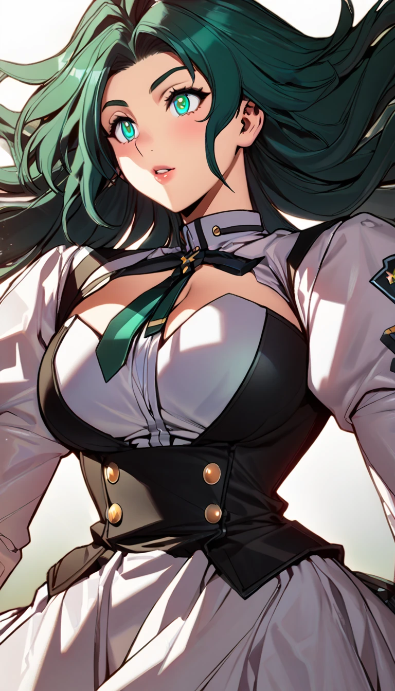 High detailed, kimtag, 1 girl, Cream colored eyes, vivid green tones colored hair, huge curly hair, busty, chunky body, pink genetics's uniform, Juliet sleeves, ribbon, deep cleavage, white skirt, genetics's uniform, juliet sleeves, Ribbon, genetics's uniform,