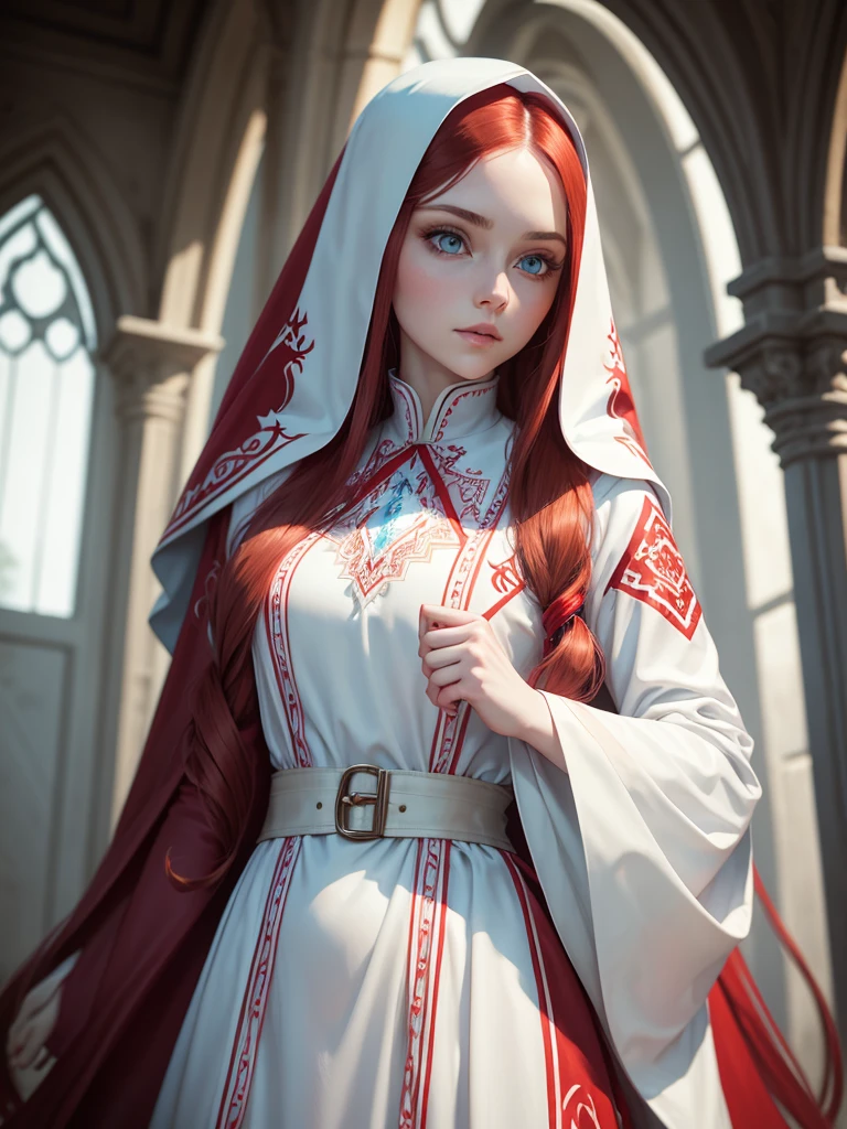 Young beautiful woman. Elf. Nun. Red long wavy hair. Pale skin. Light blue eyes. White cassock with red patterns. Triangular collar with lace.