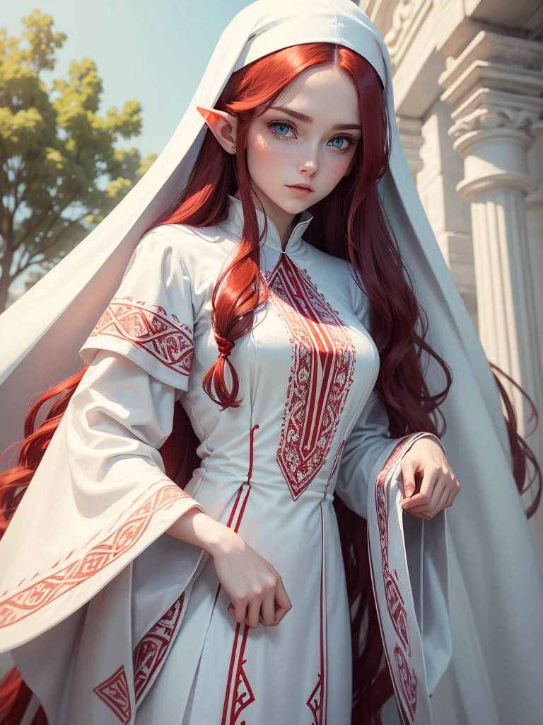 Young beautiful woman. Elf. Nun. Red long wavy hair. Pale skin. Light blue eyes. White cassock with red patterns. Triangular collar with lace.