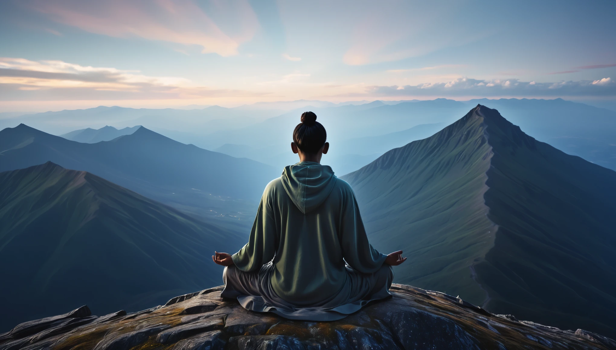 Very detailed image of a person meditating on top of a mountain. Loose Clothes. cinematic lighting