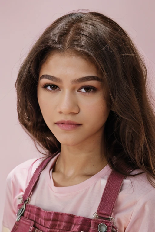 zendaya, long hair, pink overalls, studs, t shirt, detailed skin, young, headshot, simple solid background, closeup head-shot, realistic