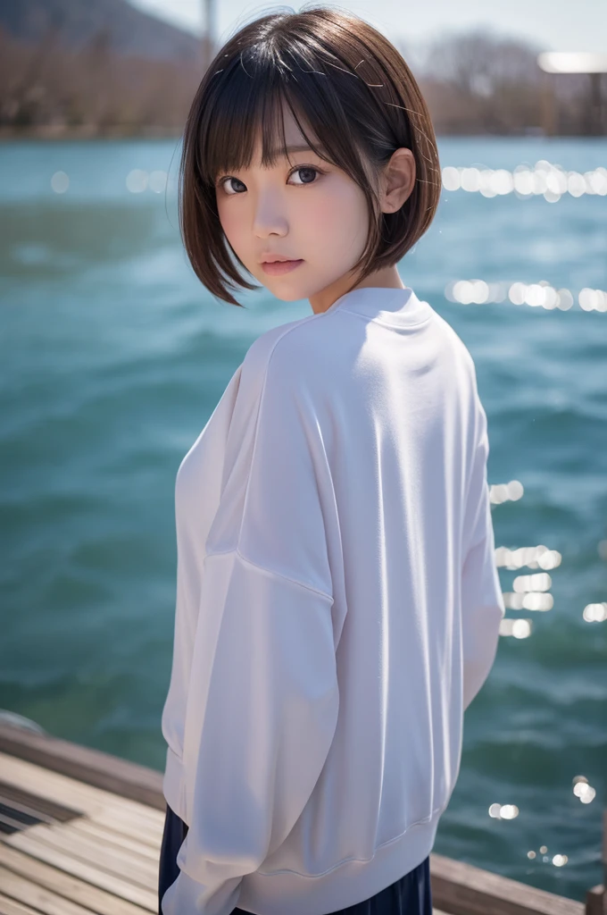 -The image shows、A beautiful Japanese girl is photographed surrounded by a fantastical background.。Her hair is in a short bob、It has light pink highlights。The costume is a thin white sweatshirt.、Gives a soft and elegant impression。The beautiful girl is looking back at the camera、Her expression is modest and graceful。The background is a pale blue and pink blurred sky and water.、The particles of light appear to be floating.、It creates a dreamlike atmosphere。The blurring and reflection of light are used skillfully.、A soft light spreads across the entire photo.、It creates a fantastic effect。Depending on the vertical screen configuration、The details of the beautiful girl and the background stand out.、Ultra-realistic texture that looks like a real photograph is expressed.。