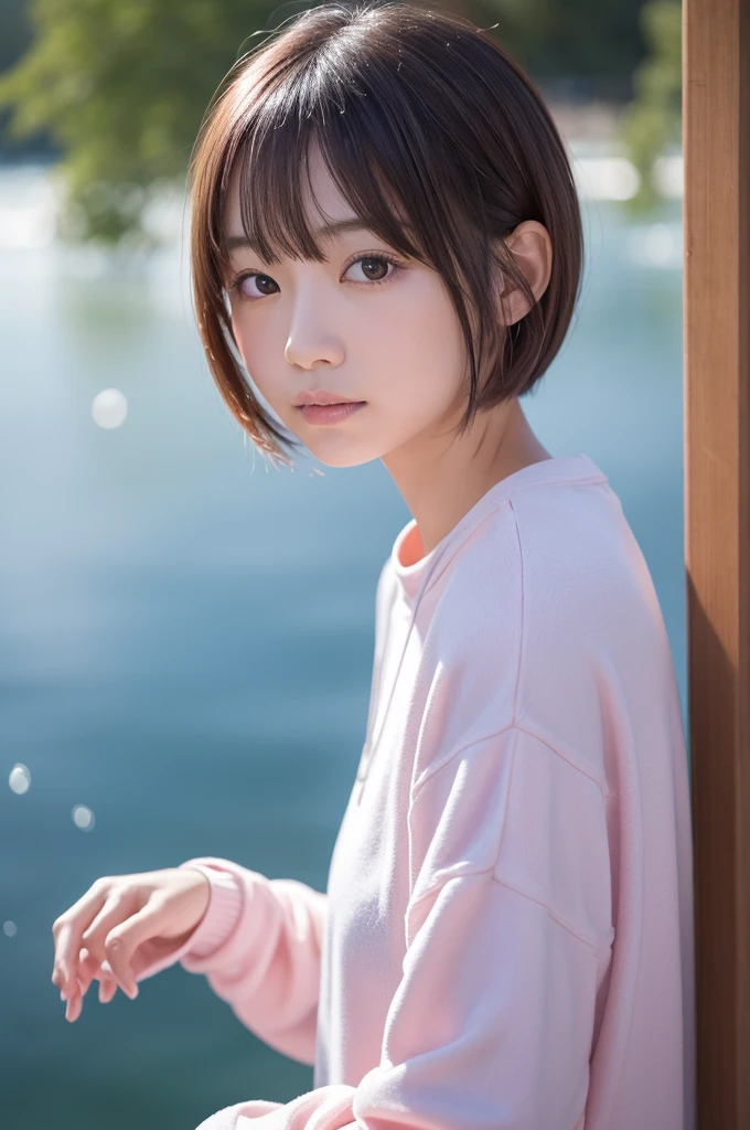 -The image shows、A beautiful Japanese girl is photographed surrounded by a fantastical background.。Her hair is in a short bob、It has light pink highlights。The costume is a thin white sweatshirt.、Gives a soft and elegant impression。The beautiful girl is looking back at the camera、Her expression is modest and graceful。The background is a pale blue and pink blurred sky and water.、The particles of light appear to be floating.、It creates a dreamlike atmosphere。The blurring and reflection of light are used skillfully.、A soft light spreads across the entire photo.、It creates a fantastic effect。Depending on the vertical screen configuration、The details of the beautiful girl and the background stand out.、Ultra-realistic texture that looks like a real photograph is expressed.。