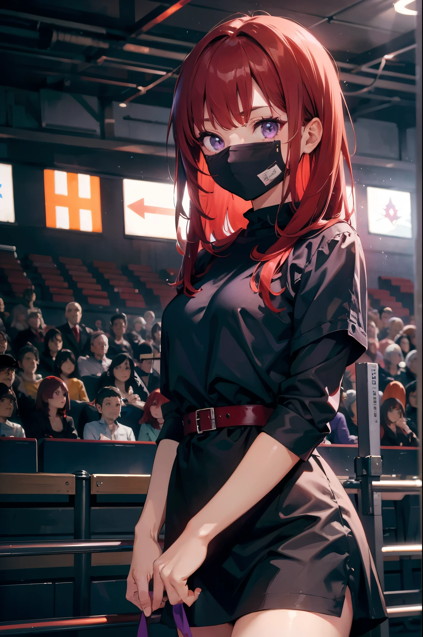4K, 8K, masterpiece, Best quality, Upper part of the body, 1 girl, Looking at the audience, Red hair clothing, Medium Length Hair, Purple Eyes, Devil&#39;s Horns, Black clothes, indoors, Dark, The actress's age is 23, Open your bust，huge , Crazy breast swelling, Chest larger than shoulder blades, Big breasts and thin waist，(huge breasts:1.2)，Hydrated skin（（rogue））（（非常huge乳房）），（（Grooves reveal original skin）)（（Open your legs））