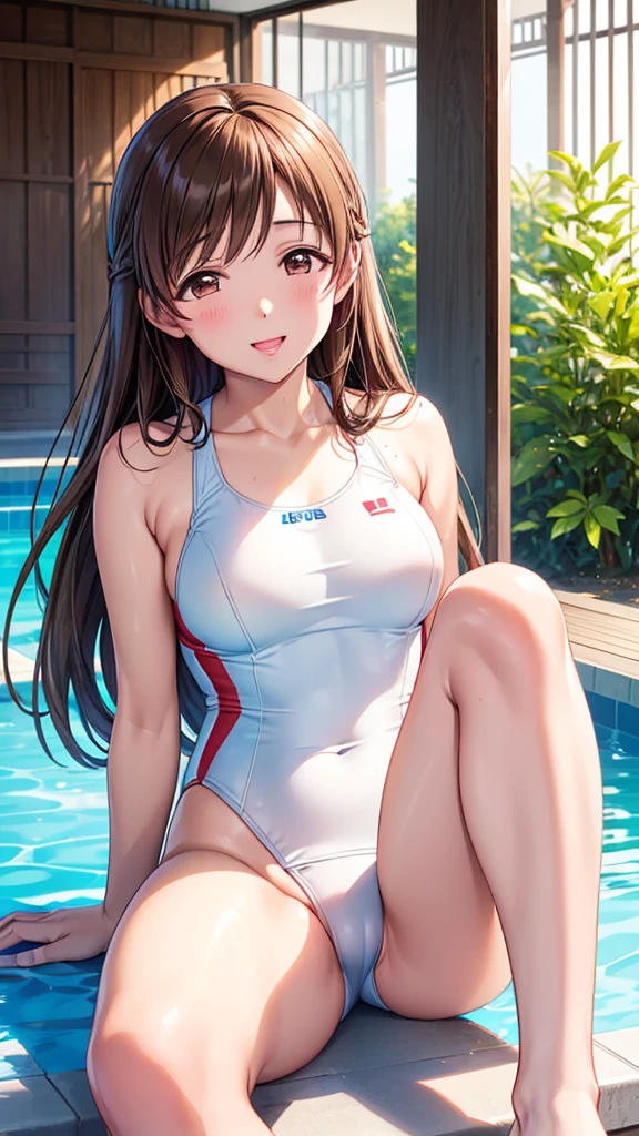 Highest quality、high resolution、High definition、HD、Indoor Pool、Poolside、(Nitta Minami、Long Hair、Medium chest、Brown Hair、Brown eyes、Glossy lips、Glowing Skin、Realistic skin texture、((White swimsuit))、(Plain swimwear)、Sit with your legs apart、Sit with your knees up)、Staring at me、Love me、blush、(Laughing with your mouth open)、(Zoom in on the crotch、Very close to me)