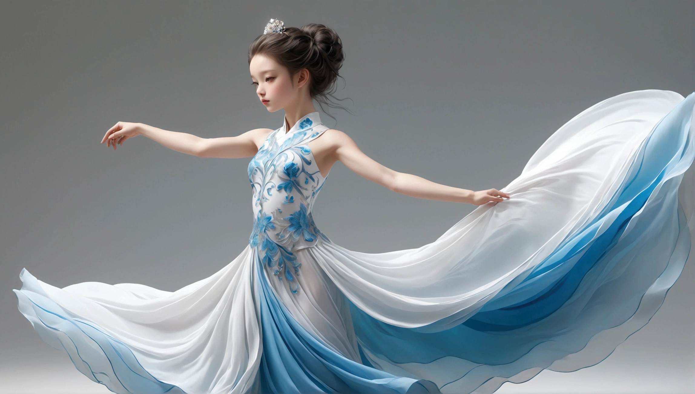 Dance photography；A dancer，Solitary；A little girl in a gorgeous long dress（Girl），Princess dress，Chinese style skirt，pink，Conservative style，Smudged skirt hem；The movements of the dance；elegant，Flexible skirt；Long hair，Long hair披肩。Full body view，front； Simple style；Minimalism。White background，Pure white background；Panoramic photography；Depth of Field, Extraordinary details, masterpiece, high quality, 4K，cinematic lighting, motion blur, depth of field, sparkle, ray tracing, reflection light, anatomically correct, uhd, textured skin, best quality, super detail, highres, high details, accurate, high quality, award winning