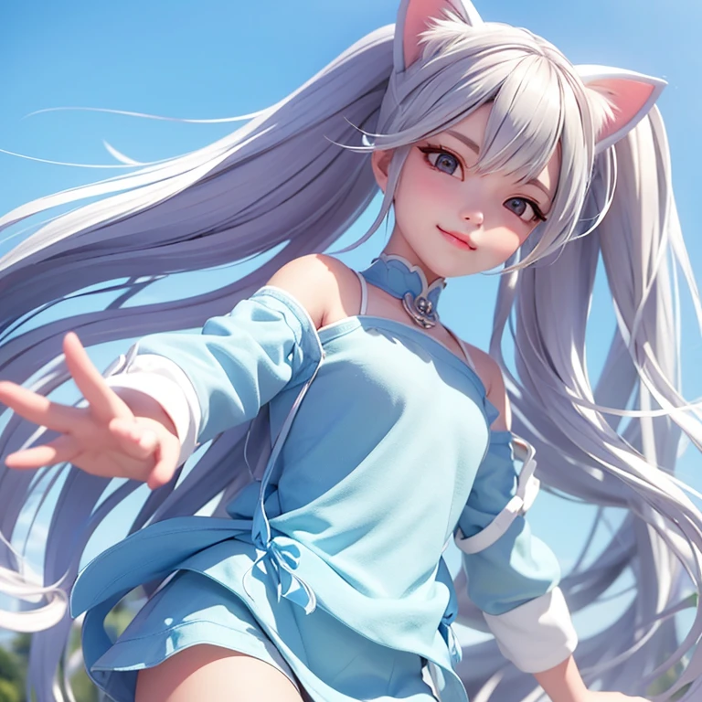 High resolution、masterpiece、Ultra high definition、One girl, solo、Cat ear、Silver Hair、White off-the-shoulder shirt、Camouflage pattern skirt with slits、Cute smile、20 year old sexy model、Very detailed explanation、Silver Hair、Cat ear、Beautiful big 、Delicate face、Beautiful clavicle、Attractive lips、Fuller lips， Red lips，Original photo， Highest quality，Full body woman love，Dynamic pose，1 girl，solo、Beautiful Eyes，Brown eyes，eye shadow，cosmetics、完璧なSilver Hair、Perfect ponytail、Perfect Head、Perfect body、Perfect Legs、Highly detailed background、Self-Defense Force Base、In front of the tank、blue sky、SD1.5、Chibi