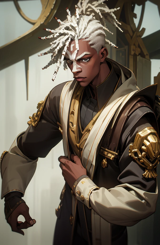 Arcane style, dreadlocks, 1boy, solo, dark-skinned, male, dark skin, jacket, mask, grey hair, masterpiece, intricate details