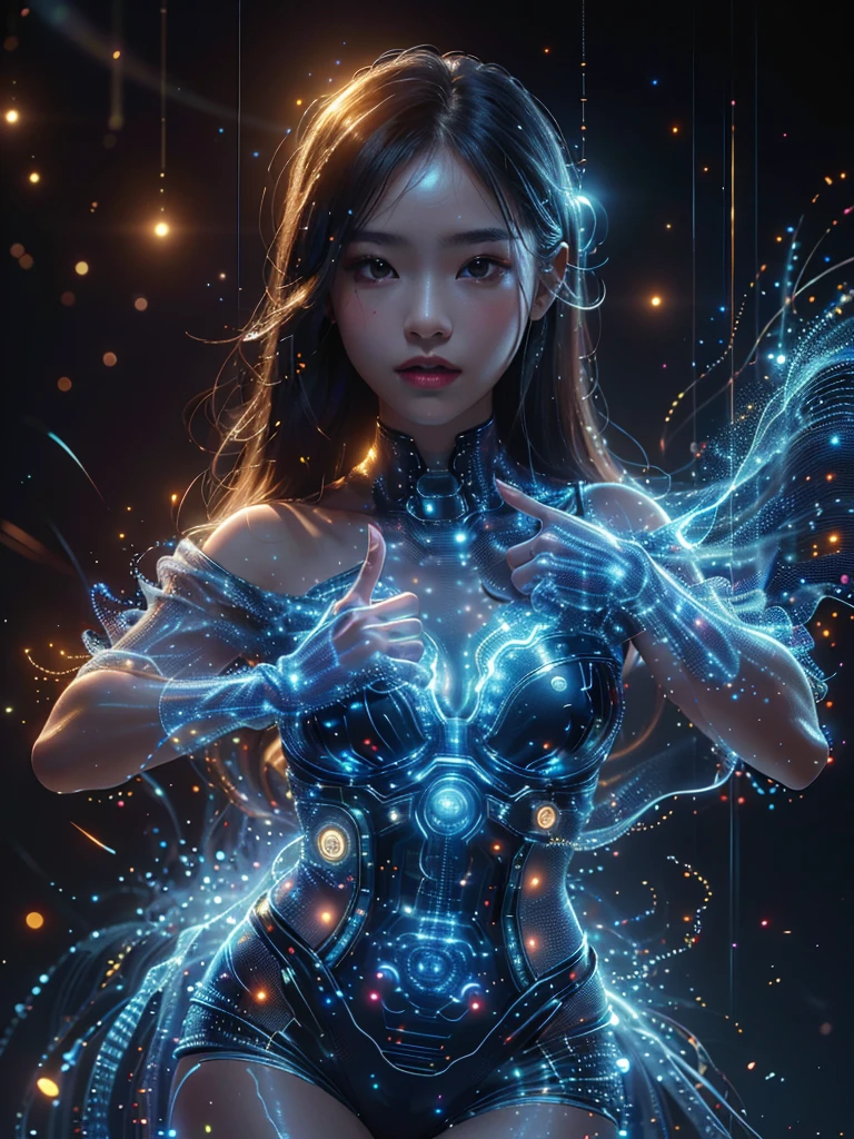 Ultra-Realistic Capture,18k,RAW Photos,Highest quality,masterpiece,reality,Very detailed,live-action,Very beautiful woman,Detailed face,Glowing Skin,Rainbow,Automata,cyber punk,18-year-old ,Model body type,slim,So many LEDs,Clothes made of light particles,Machine Skin,Electronic devices embedded in the body,transparent,Very detailedな電子機器,Connection line,Rainbow colors,非常に長いneonカラーの髪,whole body,Large Breasts,Acrobatic poses,(middle finger),neon,Long limbs,