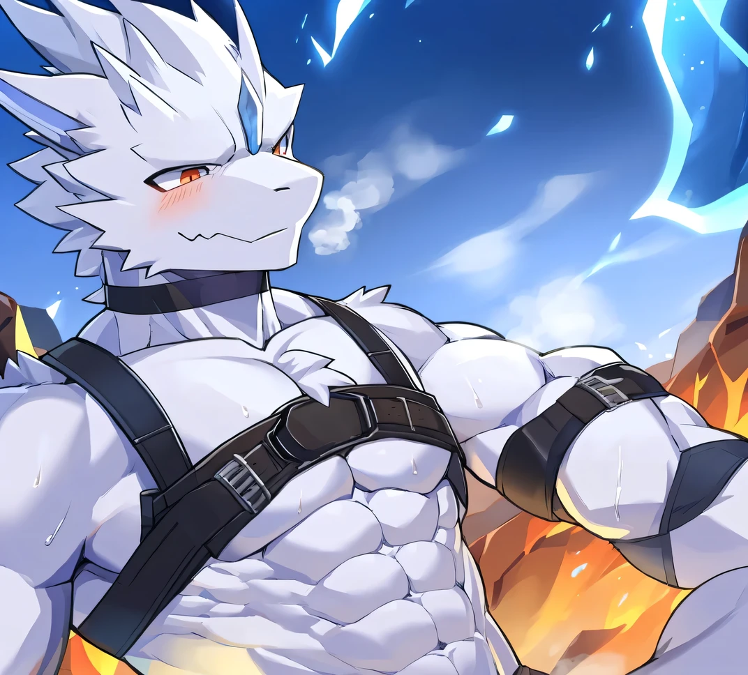 Thin macho　white dragon　　abs　　　　Hollow abs　　　thick arms　　　chest rig　　　、sweaty　　　skin glow　　profile　　Wearily　short of breath　　clenching one&#39;s back teeth　　Knees on the floor　　rubber suit　　ジャケット