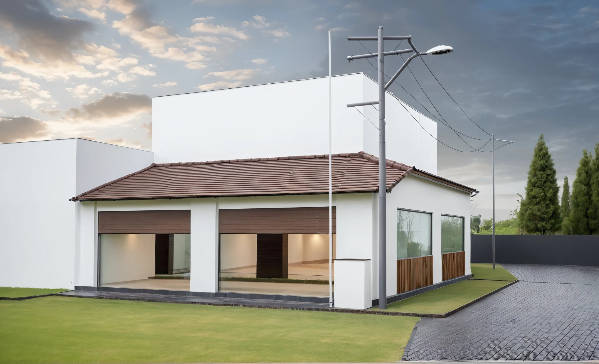 Raw photo,Masterpiece, high quality, best quality, authentic, super detail, exterior, outdoors, house style modern on the street,pavement,roof tile, grass, trees, sky, cloud, (day:1.1), ((MIX WHITE AND Chocolate style color : 1.3)); (((CHOCOLATE COLOR STYLE ROOF TILES : 1.7))) , japanese roof style