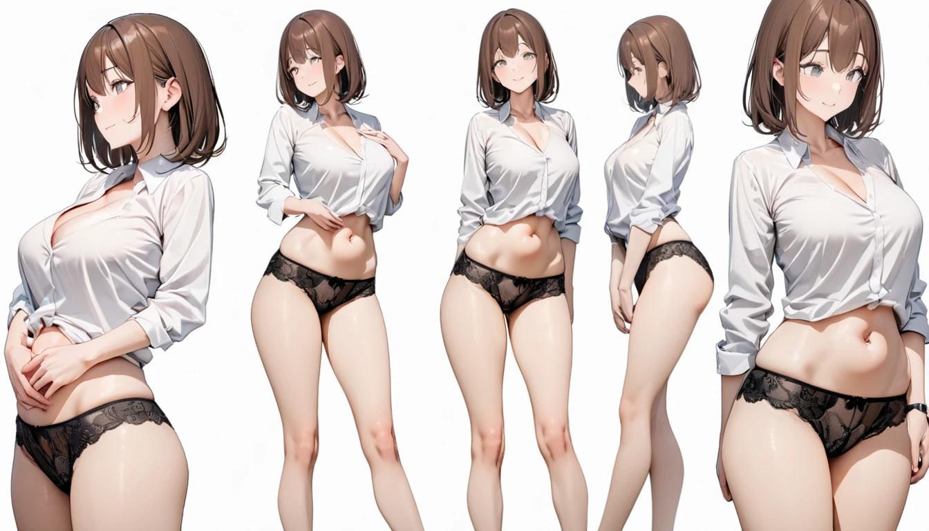 (masterpiece, 8k, Highest quality, Very detailed, One mature woman), (Attractive office lady),(Consistent personality, same characters), (Brown Hair,Medium Hair,Pale grey eyes), (Very detailed顔と肌の質感, fine grain), smile, Slender figure, Cleavage,alone,Thighs,Thin legs,Belly button and beautiful legs, White Background,White shirt,Black lace panties, 魅惑的なsmile, (Multiple Views, Multiple Angles), Side view, Front view, look up, Looking down, Rear View, 20-degree head view