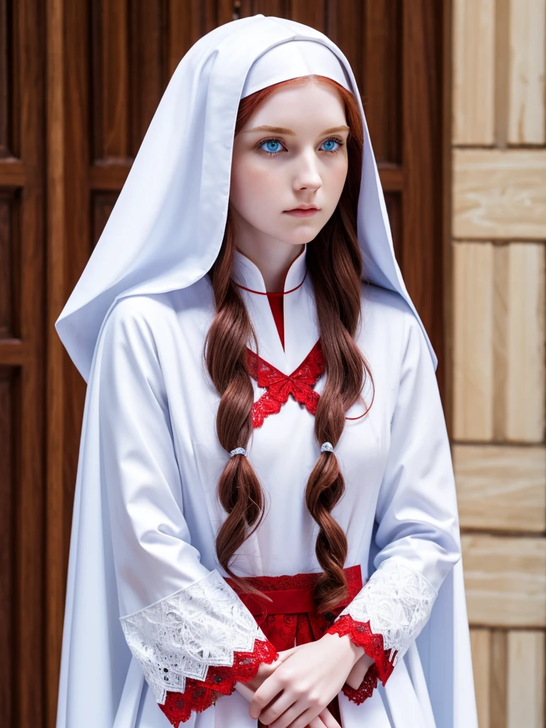 Young beautiful woman. Elf. Nun. Red long wavy hair. Pale skin. Light blue eyes. He frowns a little. White cassock with red patterns. Triangular collar with lace.