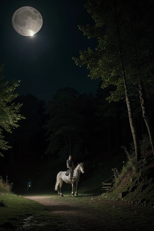 A night forest that has vibes of mystery and gothic, with a touch of fantasy and romanticism where there is a waterfall illuminated by the light of a full moon and the main focus of the image is one riding a white horse.