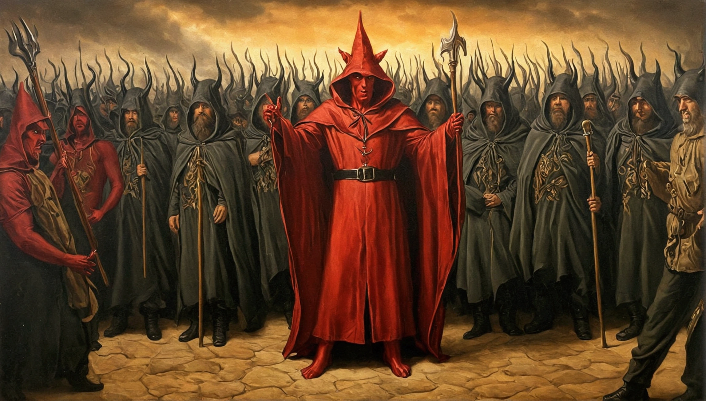 man devil wear wizard cloth with his army, oil painting