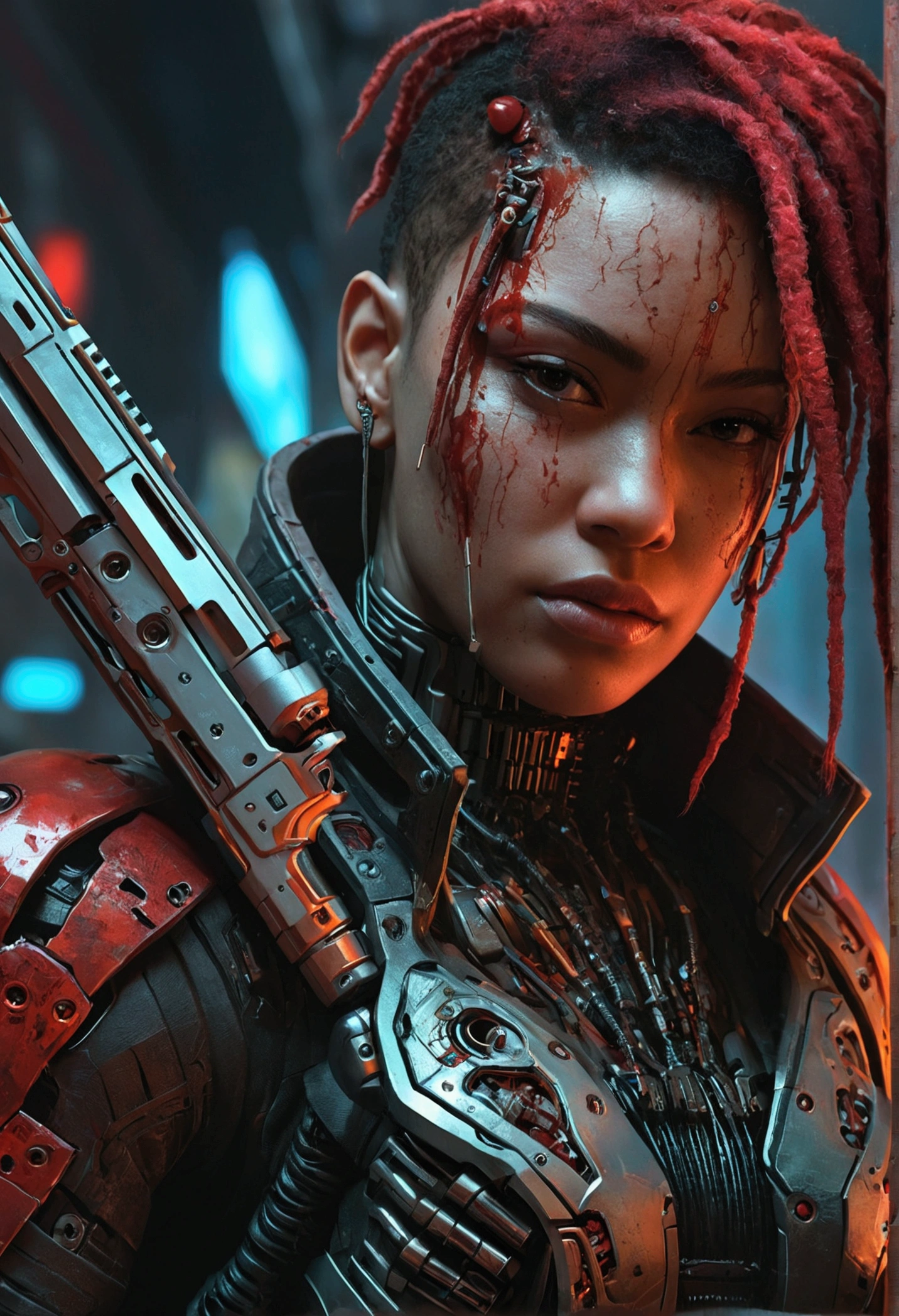 a close up of a person holding a gun with blood on it, cyberpunk art inspired by Craig Mullins, trending on cgsociety, digital art, detailed cyberpunk illustration, detailed sci-fi art, red biomechanical details, cyborg and wire details, intricate cyborg, highly detailed digital artwork, intricate digital artwork, detailed portrait of a cyborg, sci-fi illustrations
