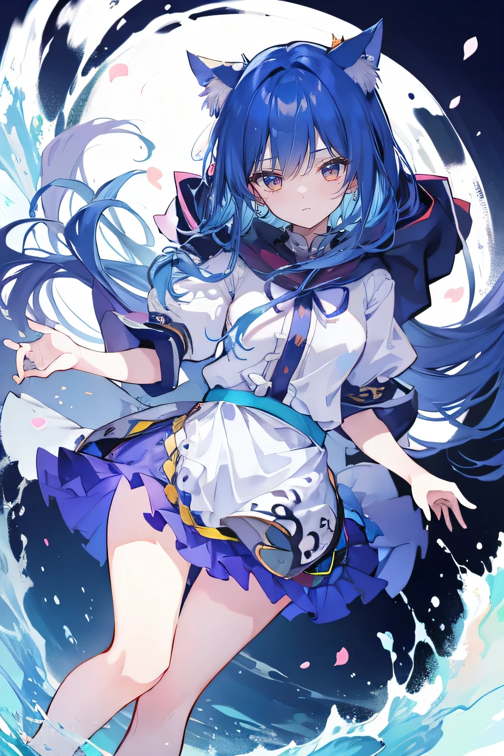 （masterpiece：1.2），Super detailed，lifelike，Expressive eyes，fair skin，perfect face shape，1 girl，
Japanese comics,Gorgeous blue hair,flowing blue hair,flowing clothes,Cat ears,Petals fall,beautiful lola,Baby Angel,
Shaking head with one hand，Cross your legs，smile, wearing hoodie, background of tokyo,back views,snowing, winter,lie on the water. 