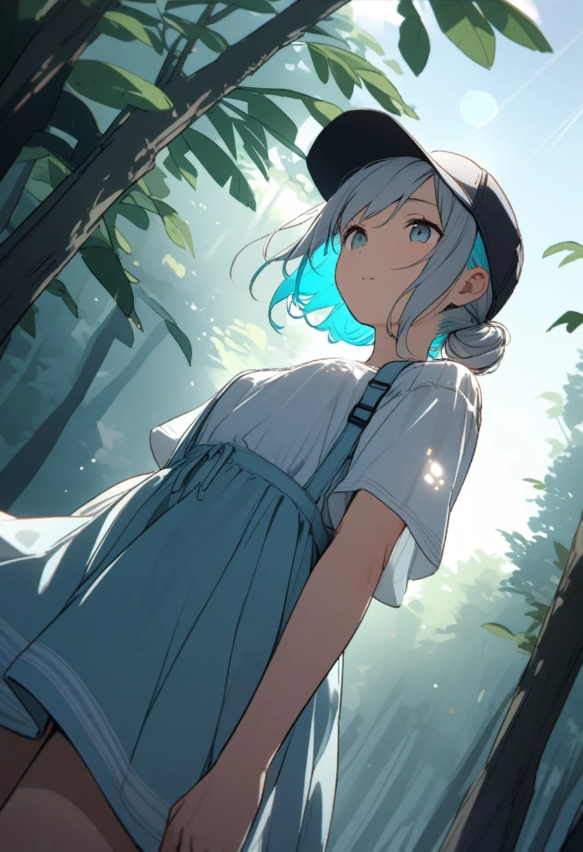 15-year-old girl, (Summer clothes for mountain climbing、Baseball cap))、(Gray hair color,Light blue inner color hairstyle), Beautiful Hair, Facial Contour, Remember, forest, sunlight、splash, Lens flare,, Natural Color, High resolution, Very delicate, Very detailed, 8k,(My breasts are just a little swollen,About B cup)、Shyness,((Sexual)),((Sexy feeling))、Viewing angle from below