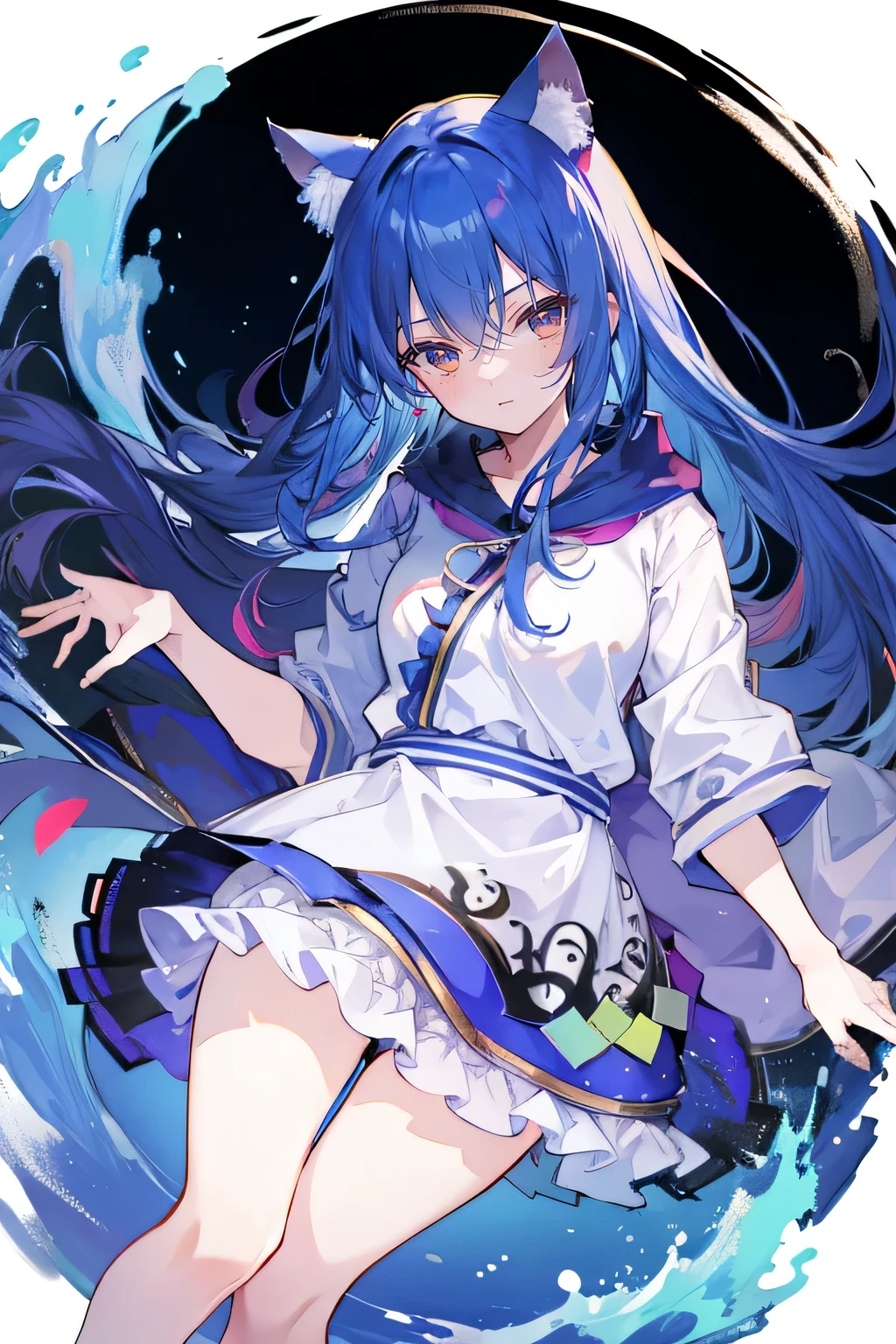(masterpiece:1.2),Super detailed,lifelike,Expressive eyes,fair skin,perfect face shape,1 girl,
Japanese comics,Gorgeous blue hair,flowing blue hair,flowing clothes,Cat ears,Petals fall,beautiful lola,Baby Angel,
Shaking head with one hand,Cross your legs,smile, wearing hoodie, background of tokyo,back views,snowing, winter,lie on the water.