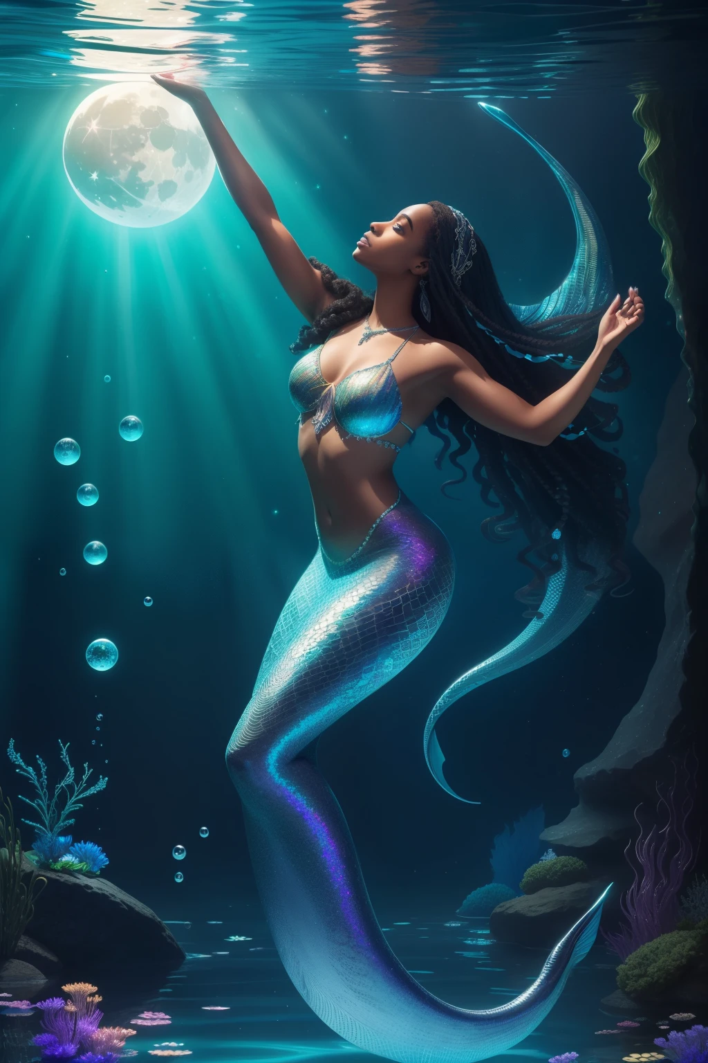 A mesmerizingly realistic black mermaid, adorned with iridescent scales that sparkle like opals and diamonds, gracefully perches on a submerged rock, serenading the depths with a beautifully intricate, luminous harp. The celestial glow of a full moon illuminates her surroundings, casting a captivating light on the kaleidoscope of aquatic life that surrounds her. Seaweed undulates in rhythm with the melody, creating a touching tableau. This detailed 3D render exhibits razor-sharp focus, hyper-realistic portraits, and an ultra HD, vibrant color palette of turquoise,
