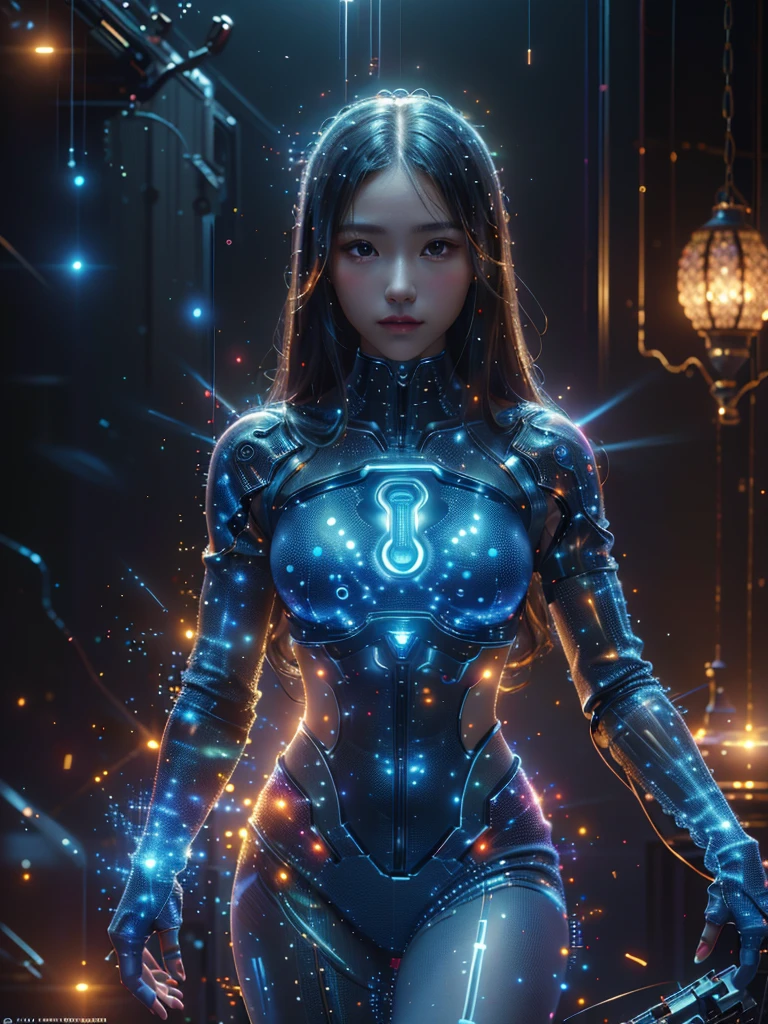 Ultra-Realistic Capture,18k,RAW Photos,Highest quality,masterpiece,reality,Very detailed,live-action,Very beautiful woman,Detailed face,Glowing Skin,Rainbow,Automata,cyber punk,18-year-old ,Model body type,slim,So many LEDs,Clothes made of light particles,Machine Skin,Electronic devices embedded in the body,transparent,Very detailedな電子機器,Connection line,Rainbow colors,非常に長いneonカラーの髪,whole body,Large Breasts,Acrobatic poses,(middle finger),neon,Long limbs,