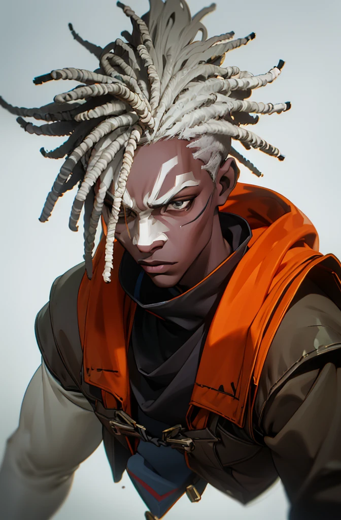 Arcane style, dreadlocks, 1boy, solo, dark-skinned, male, dark skin, jacket, mask, grey hair, masterpiece, wearing mask that is covering full face.