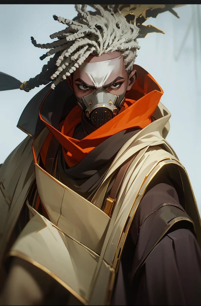 Arcane style, dreadlocks, 1boy, solo, dark-skinned, male, dark skin, jacket, mask, grey hair, masterpiece, wearing mask that is covering full face.